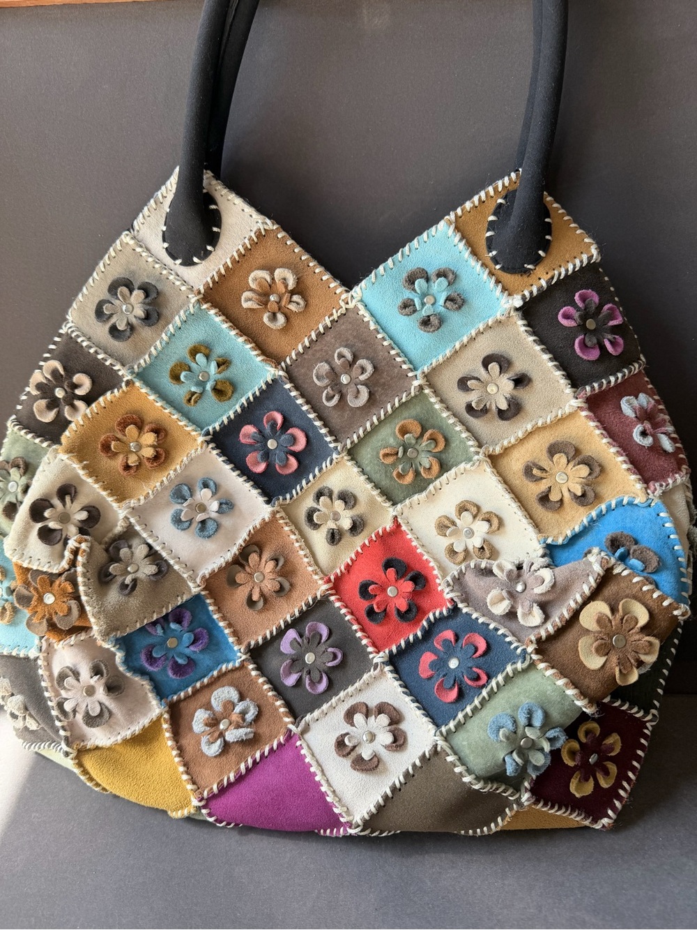 Suede Patchwork Floral Suede Colorful Bohemian Hobo Tote Bag Festival Hippie